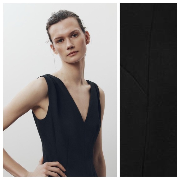 NWT. Zara ZW Collection Black Viscose Blend Voluminous Short V-Neck Dress Size S - Picture 2 of 11